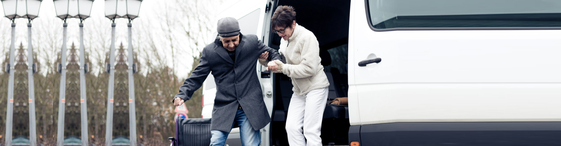 caregiver assisting senior man getting of the van